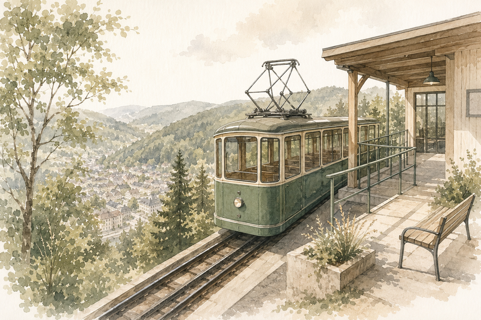 Illustration der Sommerbergbahn Bad Wildbad an der Bergstation mit Blick auf das bewaldete Tal und die Stadt.