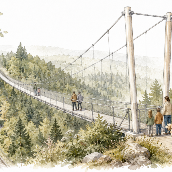 Illustration der WILDLINE Hängebrücke in Bad Wildbad mit Familien, Besuchergruppen, Hund und Sommerbergbahn im Schwarzwald.