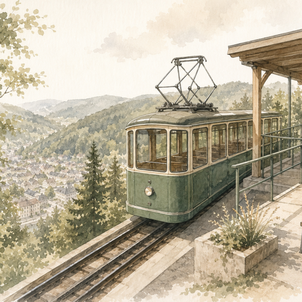 Illustration der Sommerbergbahn Bad Wildbad an der Bergstation mit Blick auf das bewaldete Tal und die Stadt.