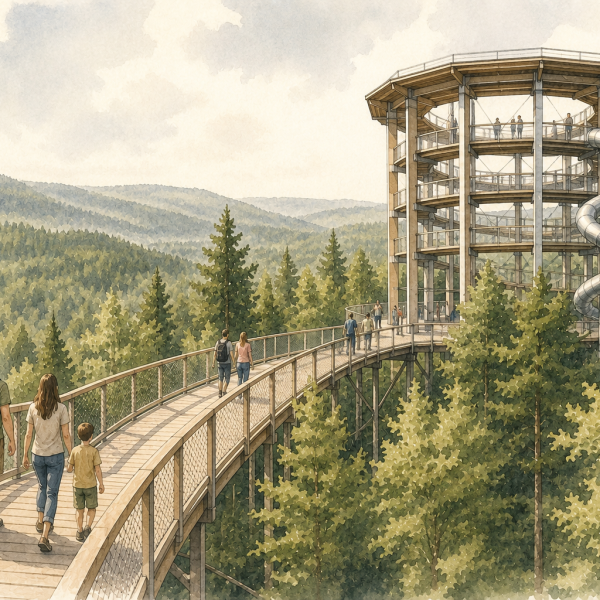 Illustration des Baumwipfelpfads Schwarzwald mit Aussichtsturm, Tunnelrutsche und einer Familie über den Baumkronen bei Bad Wildbad.