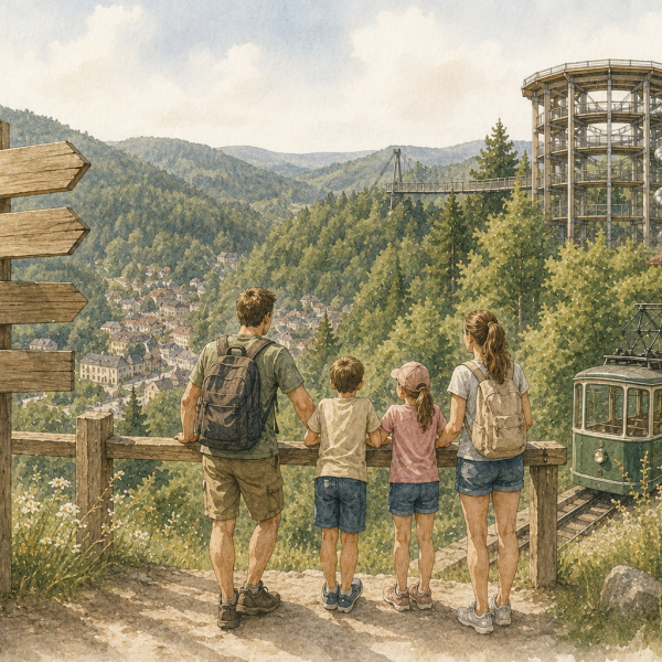 Illustration einer Familie mit Blick auf Bad Wildbad sowie Sommerbergbahn, Baumwipfelpfad und WILDLINE im Schwarzwald.