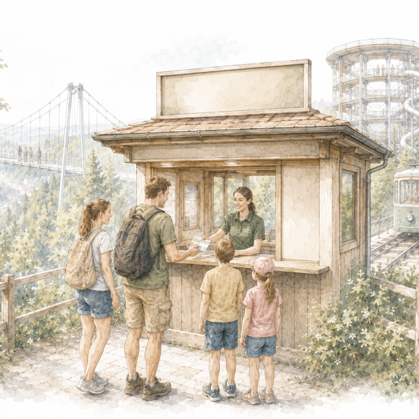 Aquarellillustration einer Familie beim Ticketkauf vor WILDLINE, Baumwipfelpfad und Sommerbergbahn in Bad Wildbad.