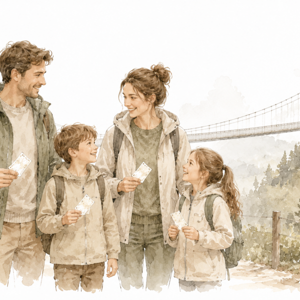 Aquarellillustration einer Familie mit Eintrittskarten vor der WILDLINE Hängebrücke im Schwarzwald bei Bad Wildbad.