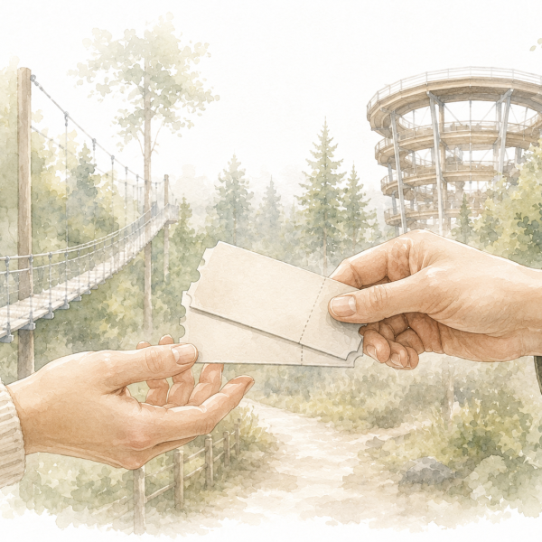 Aquarellillustration einer Ticketübergabe vor der WILDLINE Hängebrücke und dem Aussichtsturm des Baumwipfelpfads im Schwarzwald.