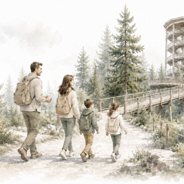Aquarellillustration einer Familie auf dem Weg zum Baumwipfelpfad mit Aussichtsturm im Schwarzwald bei Bad Wildbad.