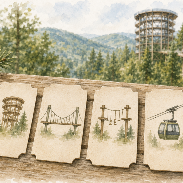 Aquarellillustration mit vier Eintrittskarten für Baumwipfelpfad, WILDLINE, Abenteuerwald und Sommerbergbahn vor einer Waldkulisse in Bad Wildbad.