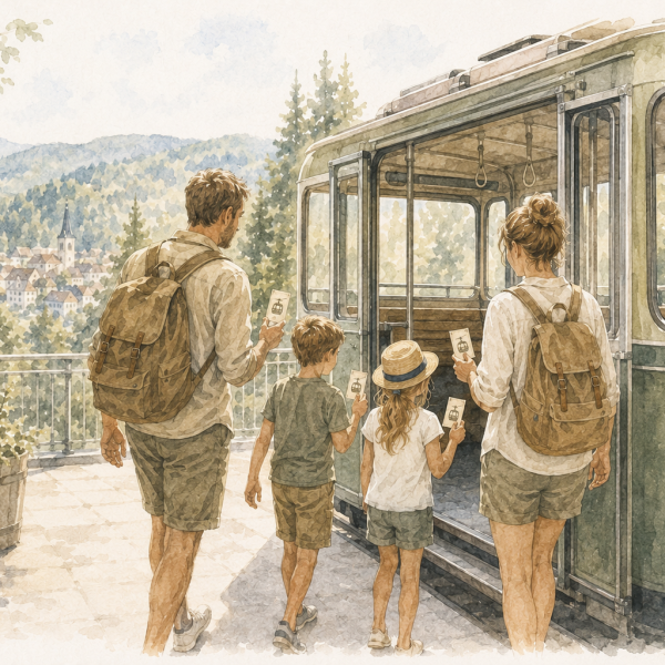 Aquarellillustration einer Familie mit Fahrkarten beim Einstieg in die Sommerbergbahn Bad Wildbad, mit Blick auf die Stadt und die bewaldeten Berge.