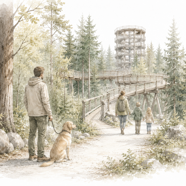 Aquarellillustration eines Mannes mit angeleintem Hund am Baumwipfelpfad Schwarzwald, während seine Familie den Aussichtsturm besucht.