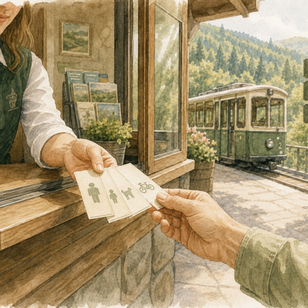 Aquarellillustration einer Ticketübergabe für Erwachsene, Kinder, Hund und Fahrrad an der Sommerbergbahn Bad Wildbad.