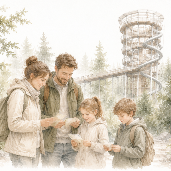 Aquarellillustration einer Familie mit Eintrittskarten vor dem Baumwipfelpfad Schwarzwald und dem Aussichtsturm mit Tunnelrutsche in Bad Wildbad.