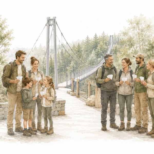 Aquarellillustration einer Familie und einer Wandergruppe mit Eintrittskarten vor der WILDLINE Hängebrücke in Bad Wildbad.