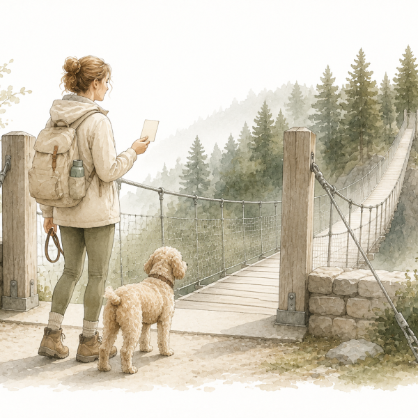 Aquarellillustration einer Frau mit Hund und Eintrittskarte am Eingang der WILDLINE Hängebrücke in Bad Wildbad.
