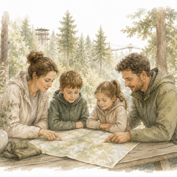 Aquarellillustration einer Familie, die an einem Holztisch eine Wanderkarte betrachtet, mit WILDLINE Hängebrücke und Aussichtsturm im Schwarzwald im Hintergrund.