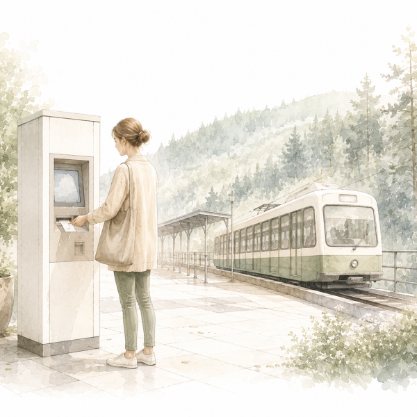 Aquarellillustration einer Frau beim Fahrkartenkauf am Automaten neben der Sommerbergbahn in Bad Wildbad.