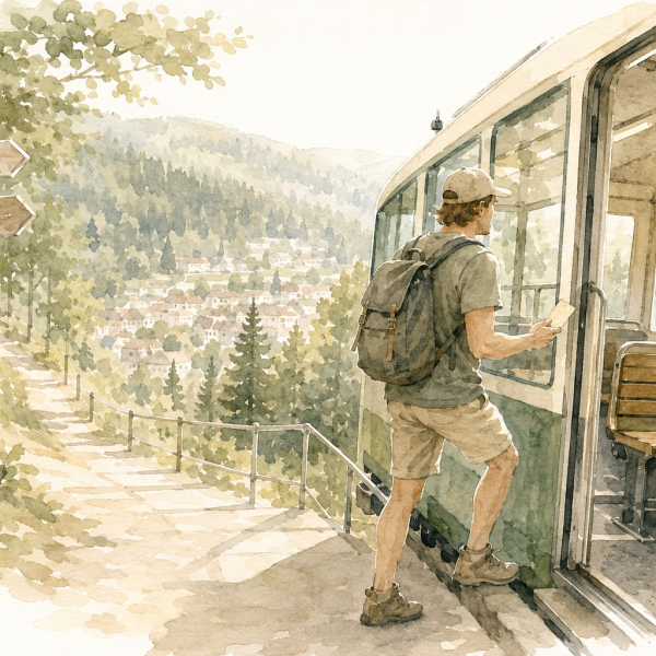 Aquarellillustration einer Wanderin mit Einzelfahrkarte beim Einstieg in die Sommerbergbahn Bad Wildbad, mit Blick auf das Tal und die bewaldeten Berge.