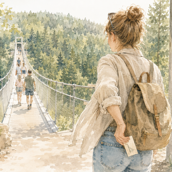 Aquarellillustration einer Frau mit Eintrittskarte am Eingang der WILDLINE Hängebrücke im Schwarzwald bei Bad Wildbad.
