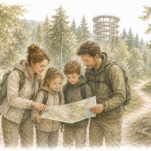 Aquarellillustration einer Familie mit Wanderkarte auf einem Waldweg zum Baumwipfelpfad Schwarzwald bei Bad Wildbad.