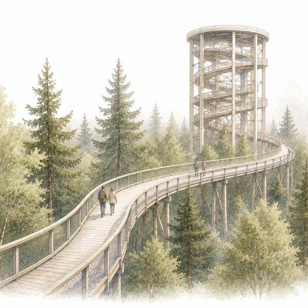 Aquarellillustration des Baumwipfelpfads Schwarzwald mit erhöhtem Holzweg, Aussichtsturm und Besuchern zwischen den Baumkronen in Bad Wildbad.
